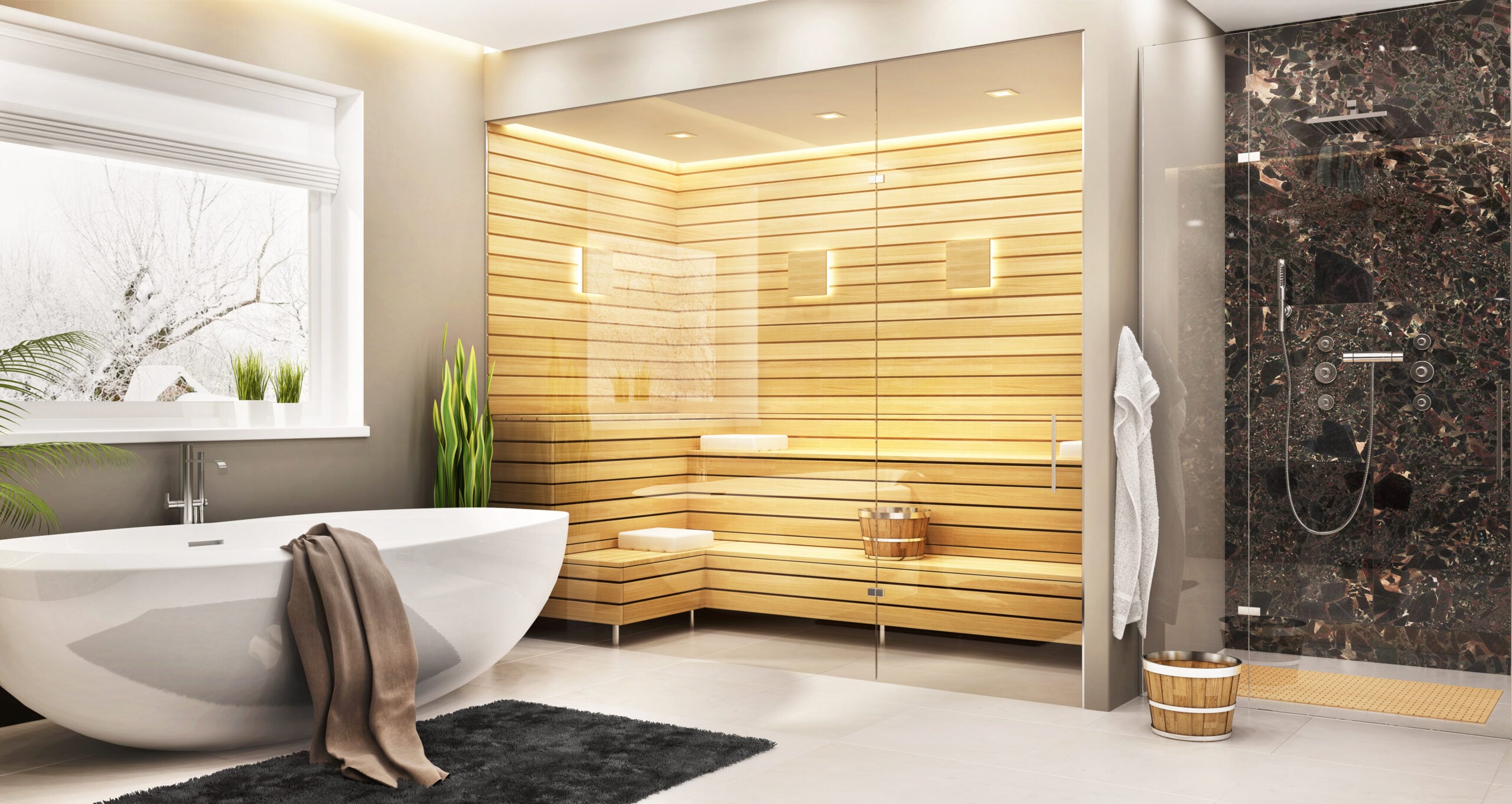 image of an in home sauna next to a steam shower